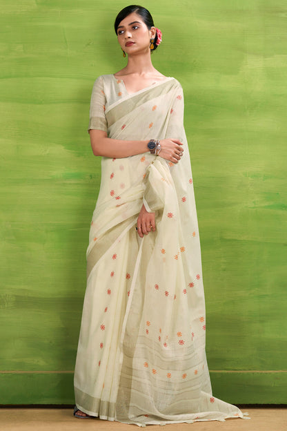 Ethereal Beige Cotton Silk Saree With Efflorescence Blouse Piece