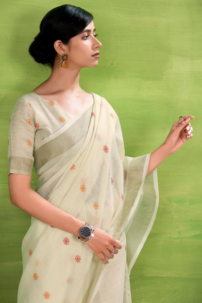 Ethereal Beige Cotton Silk Saree With Efflorescence Blouse Piece