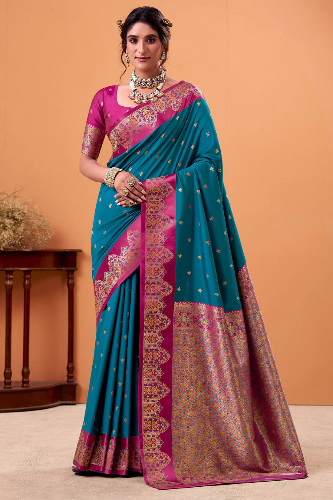 Divine Rama Banarasi Satin Silk Saree With Scintilla Blouse