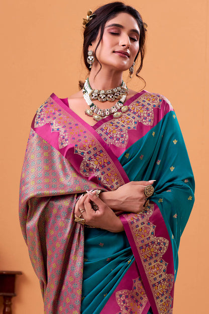 Divine Rama Banarasi Satin Silk Saree With Scintilla Blouse
