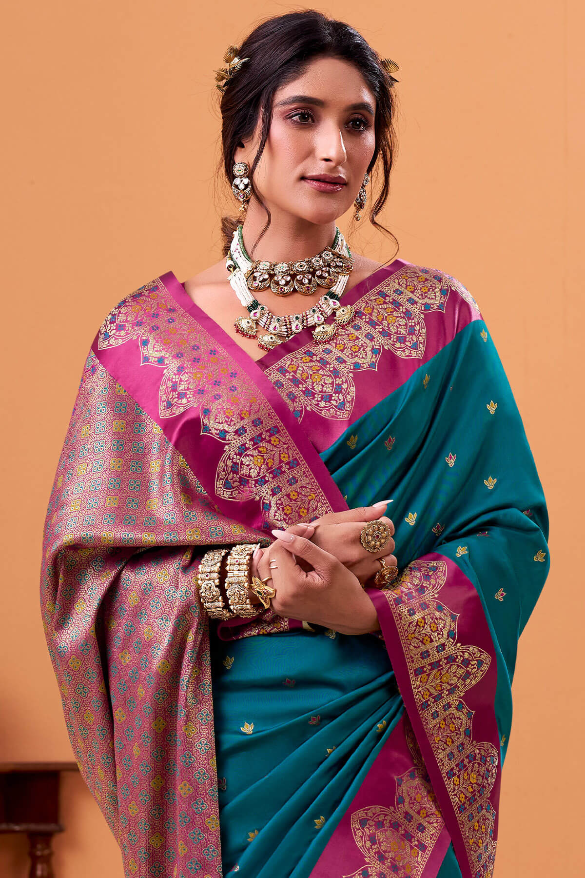 Divine Rama Banarasi Satin Silk Saree With Scintilla Blouse