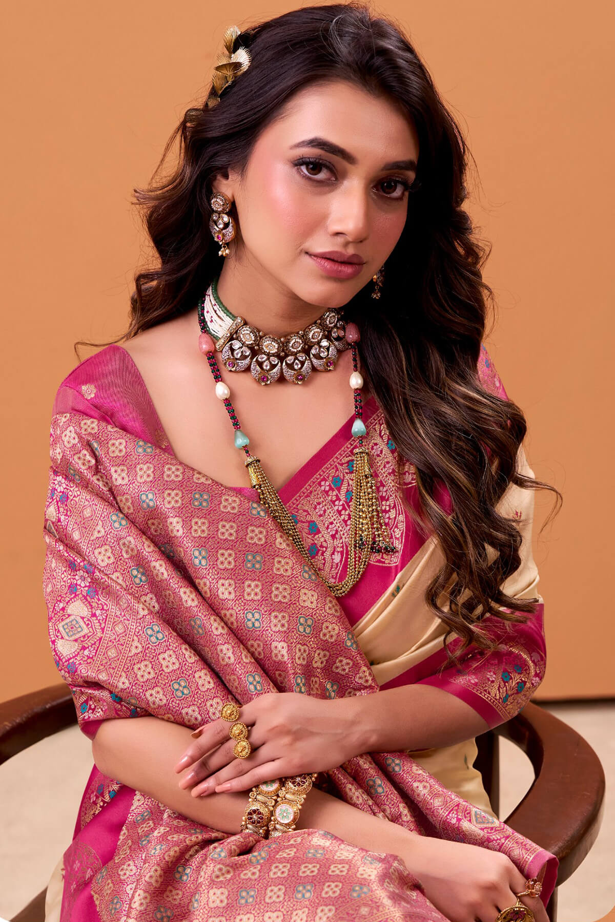 Prettiest Beige Banarasi Satin Silk Saree With Winsome Blouse