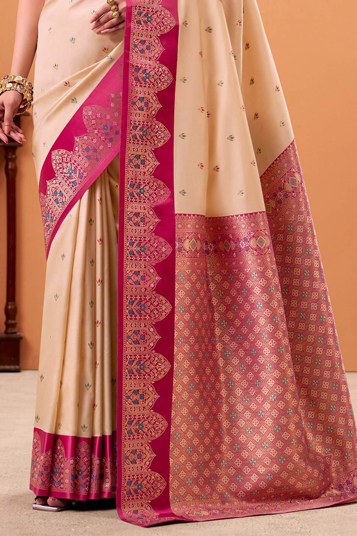 Prettiest Beige Banarasi Satin Silk Saree With Winsome Blouse