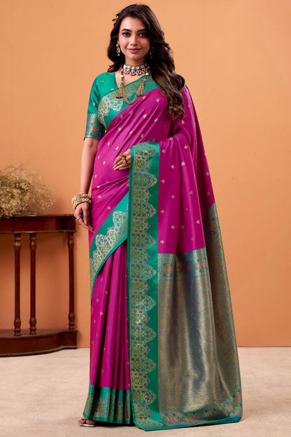 Trendy Magenta Banarasi Satin Silk Saree With Twirling Blouse