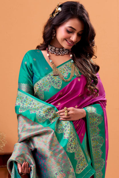 Trendy Magenta Banarasi Satin Silk Saree With Twirling Blouse