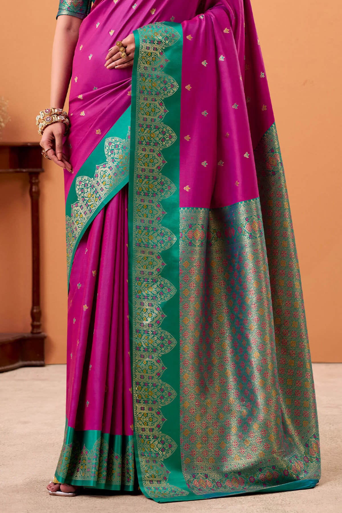 Trendy Magenta Banarasi Satin Silk Saree With Twirling Blouse
