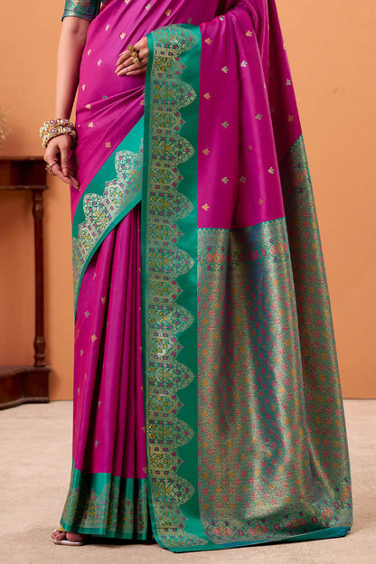 Trendy Magenta Banarasi Satin Silk Saree With Twirling Blouse