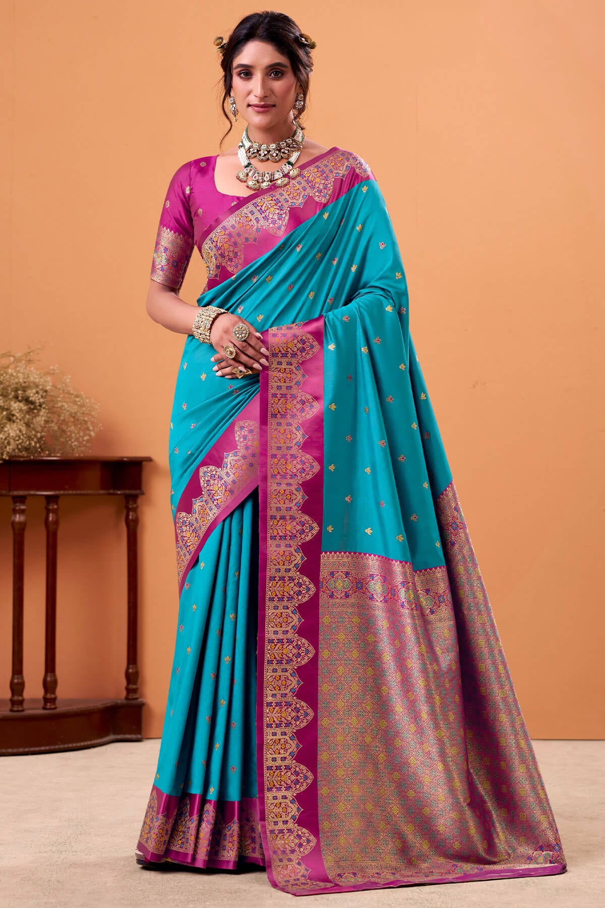 Beauteous Firozi Banarasi Satin Silk Saree With Surpassing Blouse
