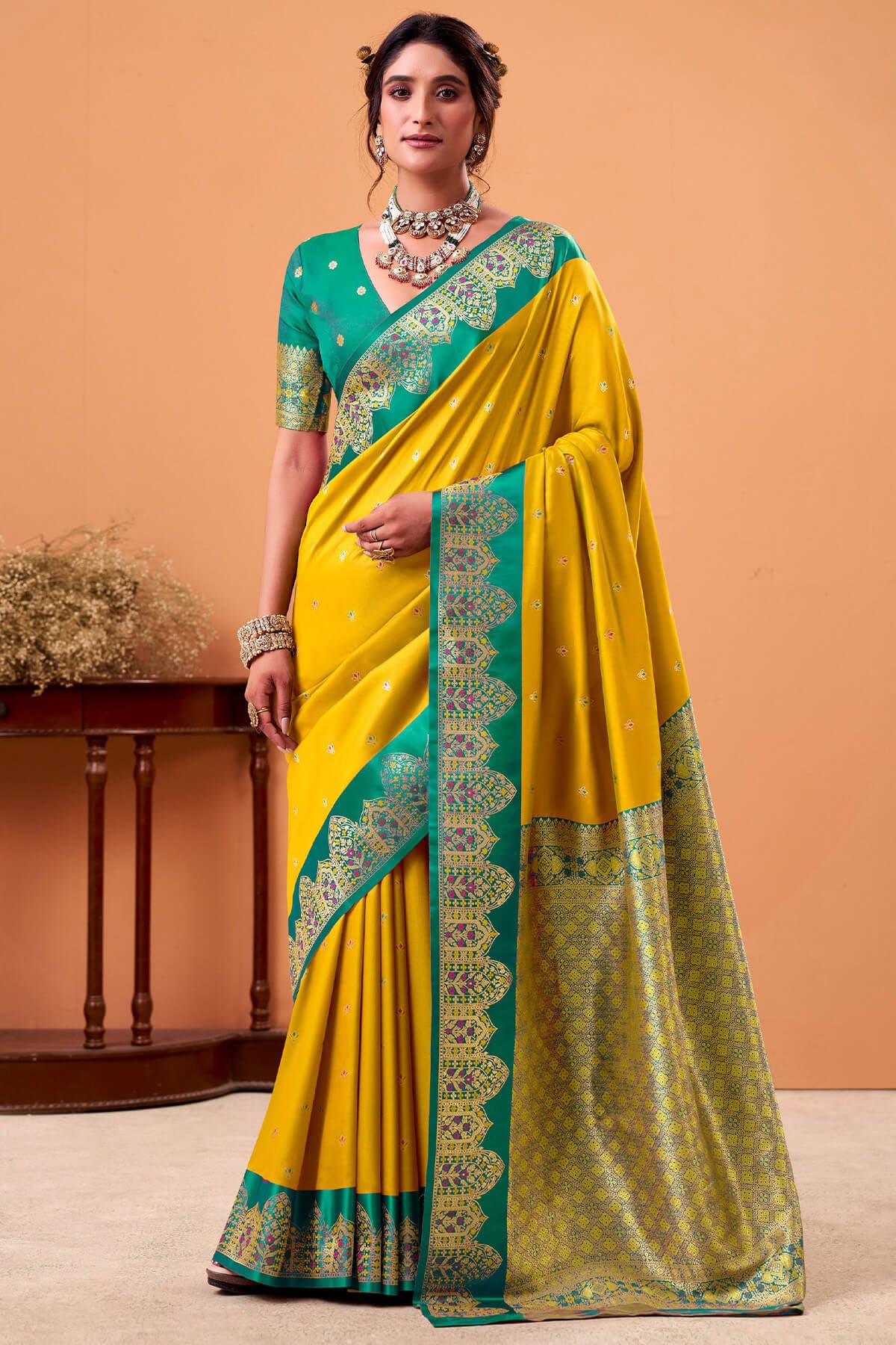 Super classy Yellow Banarasi Satin Silk Saree With Flattering Blouse