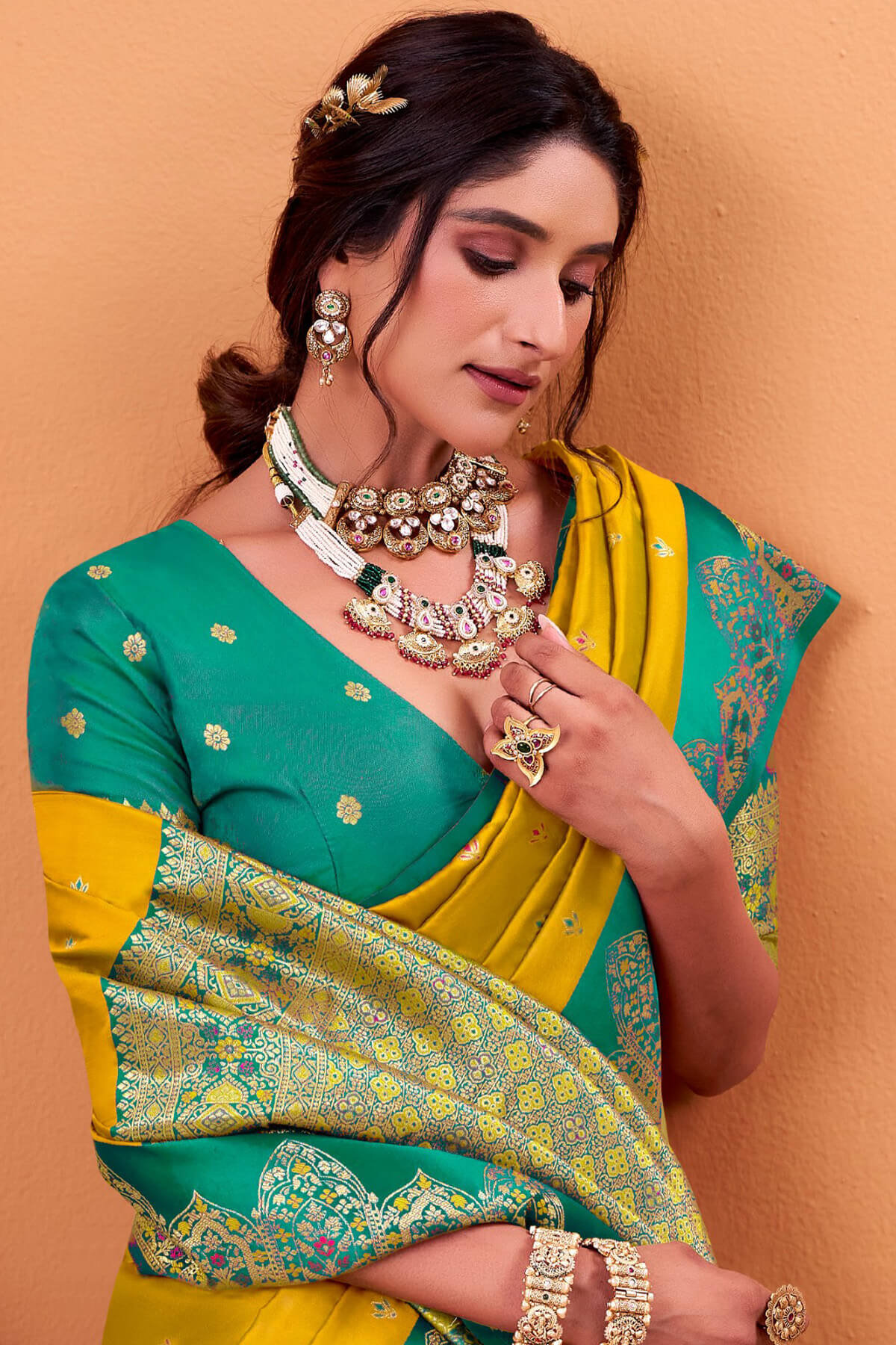 Super classy Yellow Banarasi Satin Silk Saree With Flattering Blouse