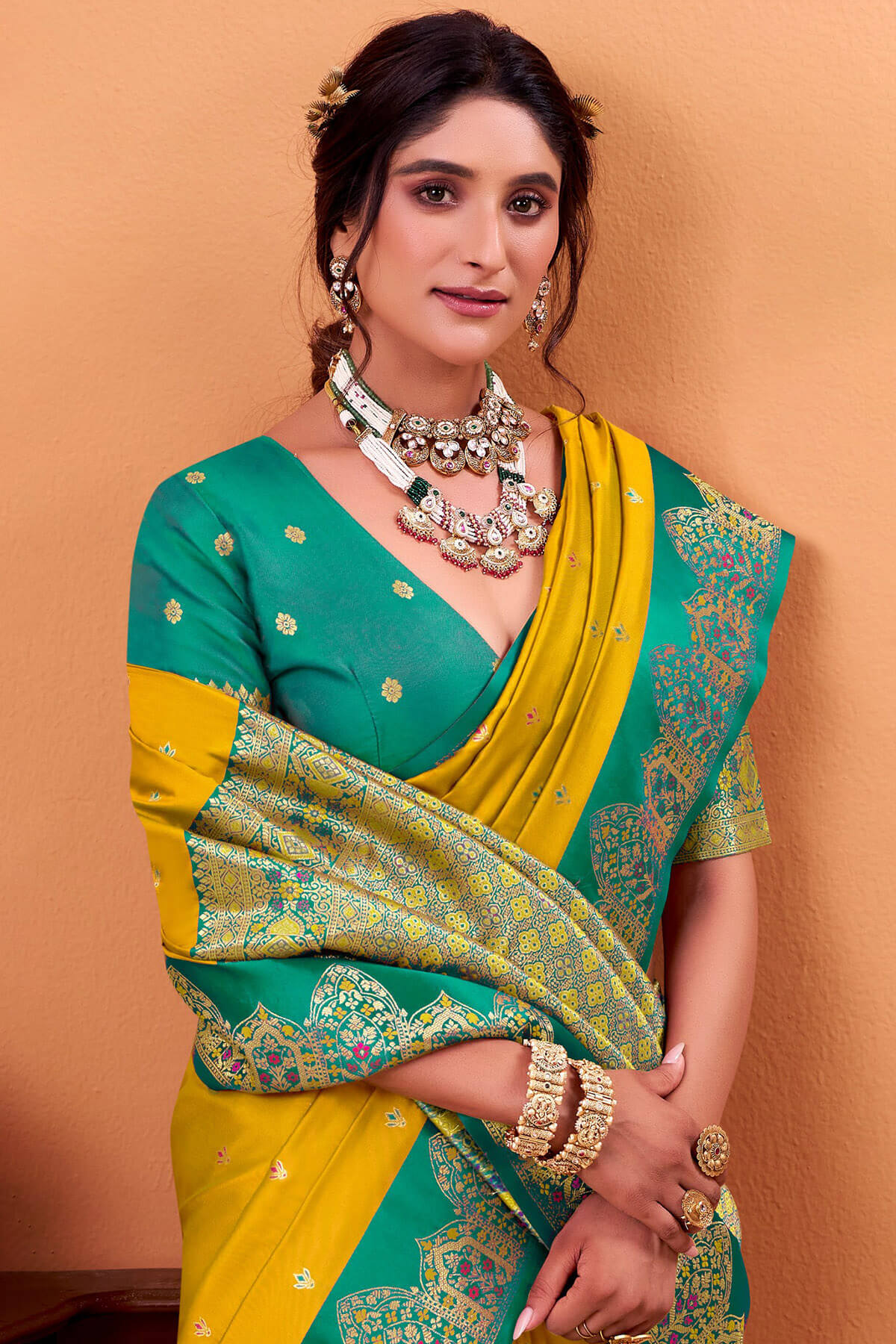 Super classy Yellow Banarasi Satin Silk Saree With Flattering Blouse