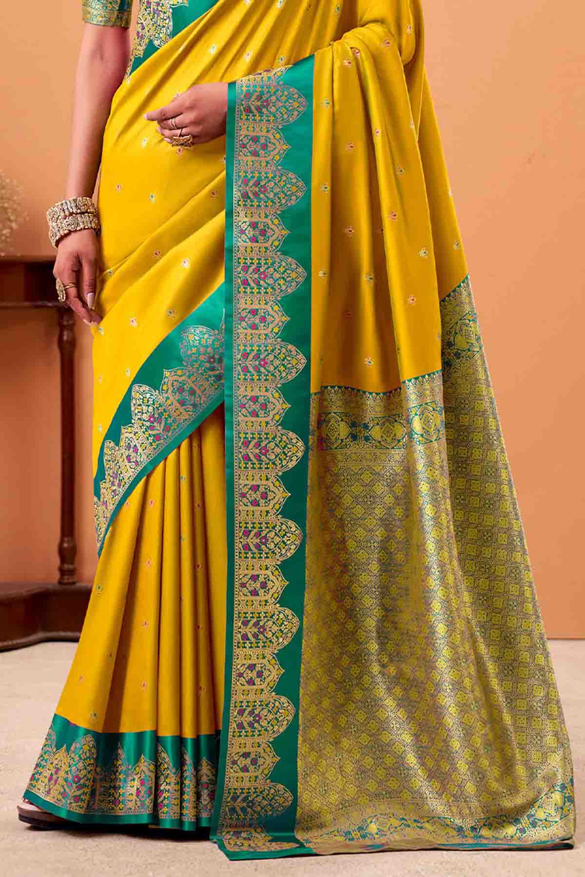 Super classy Yellow Banarasi Satin Silk Saree With Flattering Blouse