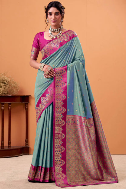 Exquisite Grey Banarasi Satin Silk Saree With Dalliance Blouse