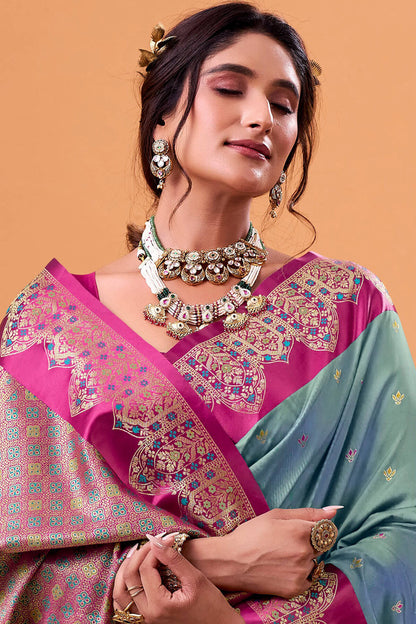 Exquisite Grey Banarasi Satin Silk Saree With Dalliance Blouse