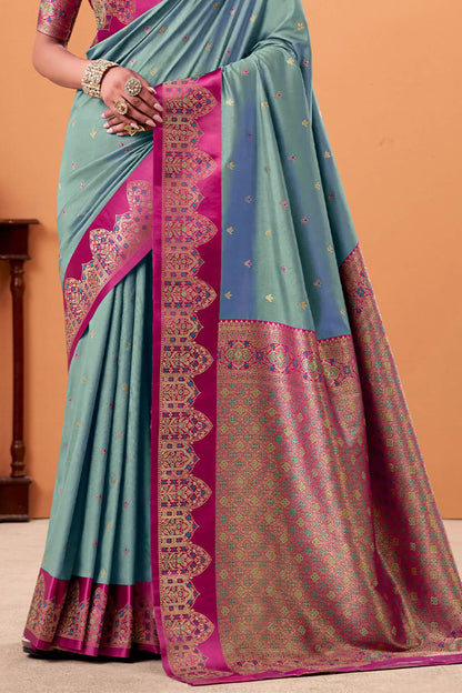 Exquisite Grey Banarasi Satin Silk Saree With Dalliance Blouse