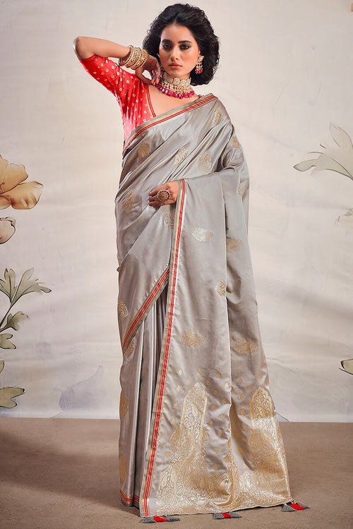 Load image into Gallery viewer, Attractive Grey Soft Banarasi Silk Saree With Lovely Blouse Piece
