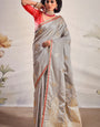 Attractive Grey Soft Banarasi Silk Saree With Lovely Blouse Piece