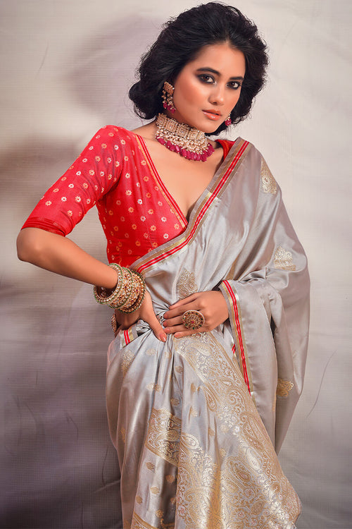 Load image into Gallery viewer, Attractive Grey Soft Banarasi Silk Saree With Lovely Blouse Piece
