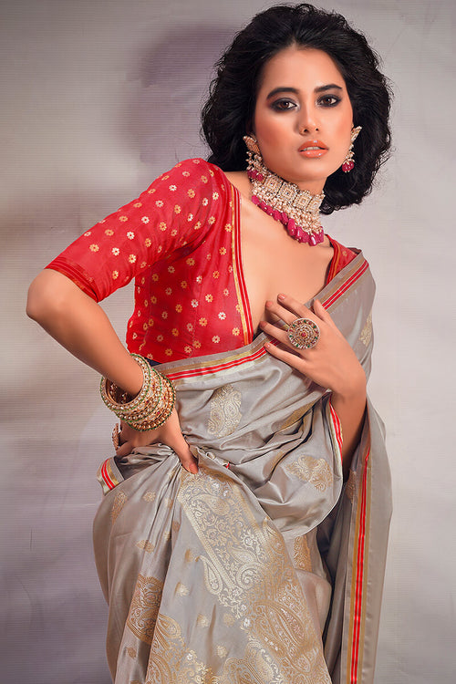 Load image into Gallery viewer, Attractive Grey Soft Banarasi Silk Saree With Lovely Blouse Piece
