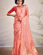 Sensational Peach Soft Banarasi Silk Saree With Adorning Blouse Piece