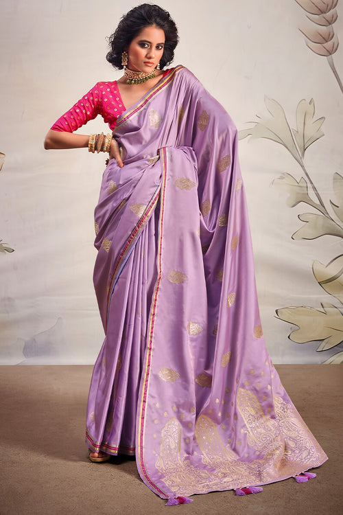 Load image into Gallery viewer, Majesty Lavender Soft Banarasi Silk Saree With Flameboyant Blouse Piece
