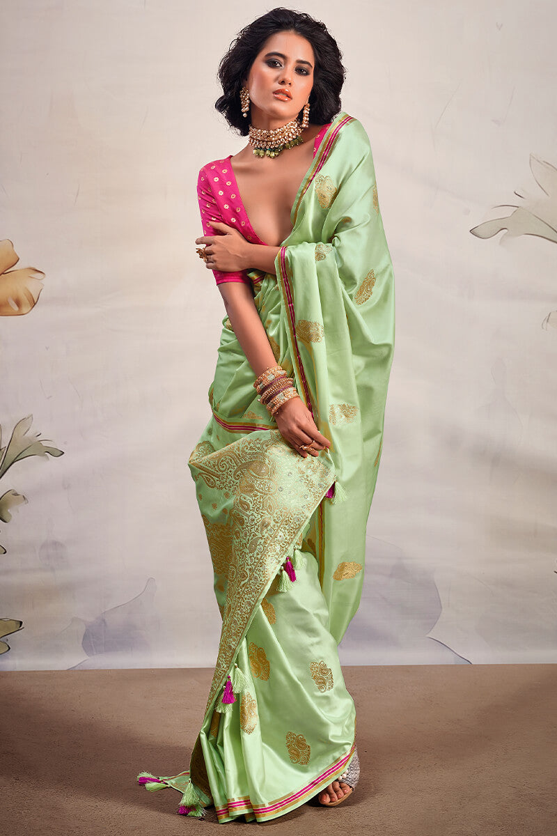 Bewitching Pista Soft Banarasi Silk Saree With Enticing Blouse Piece