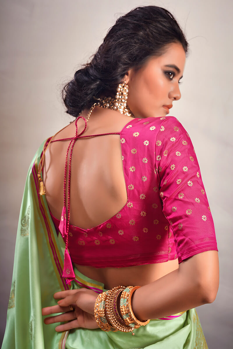 Bewitching Pista Soft Banarasi Silk Saree With Enticing Blouse Piece