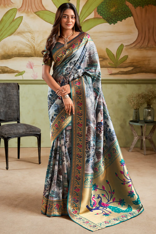 Load image into Gallery viewer, Dazzling Grey Paithani Silk Saree With Surpassing Blouse Piece
