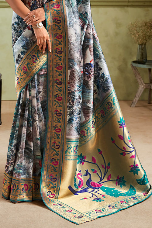 Load image into Gallery viewer, Dazzling Grey Paithani Silk Saree With Surpassing Blouse Piece
