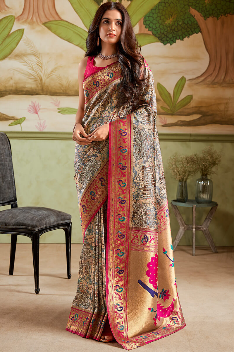 Mesmeric Dark Beige Paithani Silk Saree With Twirling Blouse Piece