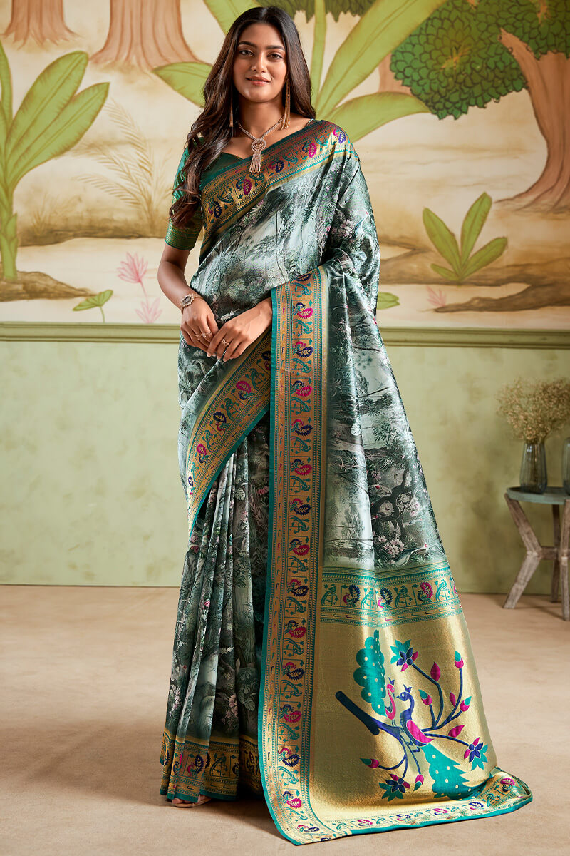 Redolent Dark Green Paithani Silk Saree With Dalliance Blouse Piece