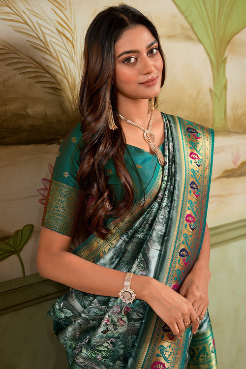 Load image into Gallery viewer, Redolent Dark Green Paithani Silk Saree With Dalliance Blouse Piece
