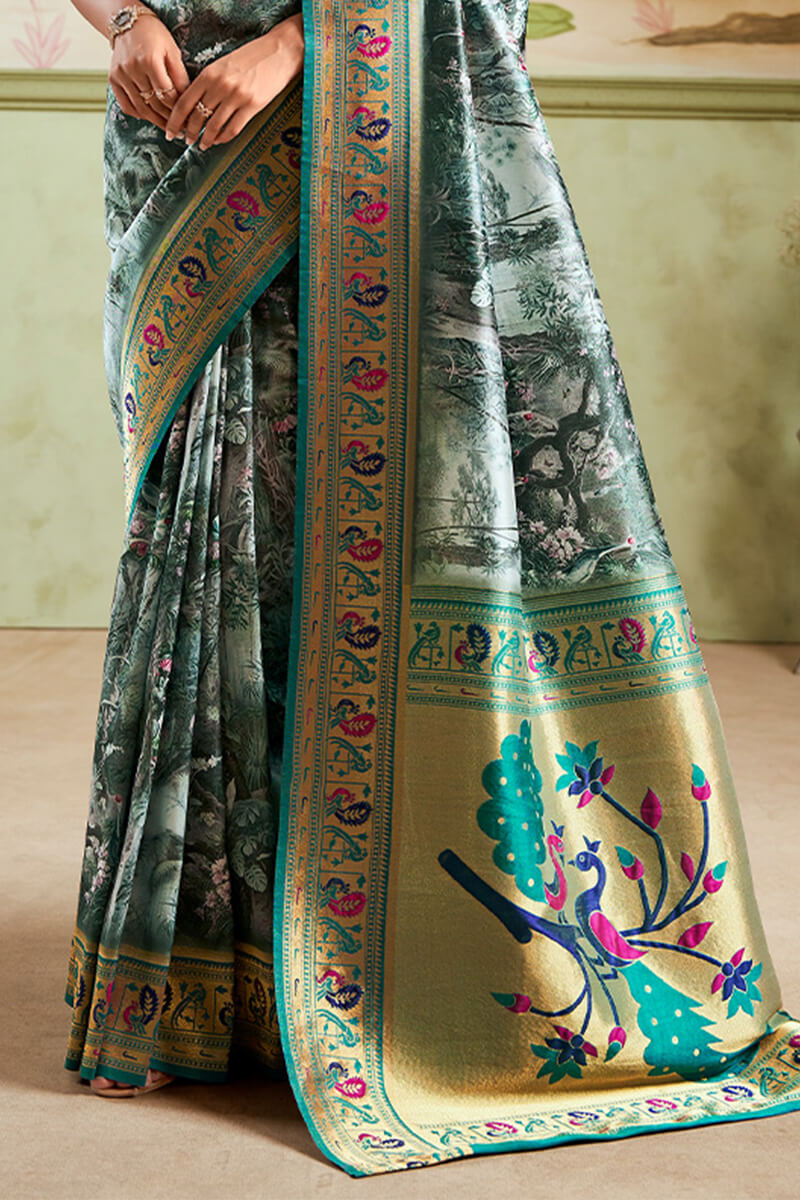 Redolent Dark Green Paithani Silk Saree With Dalliance Blouse Piece