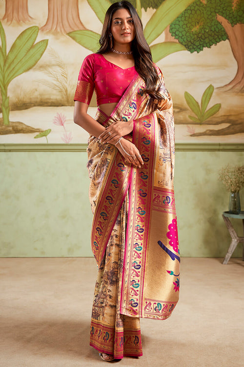 Load image into Gallery viewer, Forbearance Beige Paithani Silk Saree With Imbrication Blouse Piece
