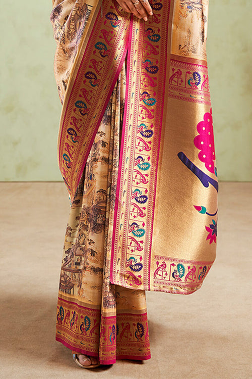 Load image into Gallery viewer, Forbearance Beige Paithani Silk Saree With Imbrication Blouse Piece
