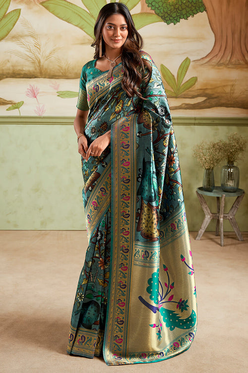 Load image into Gallery viewer, Moiety Rama Paithani Silk Saree With Petrichor Blouse Piece
