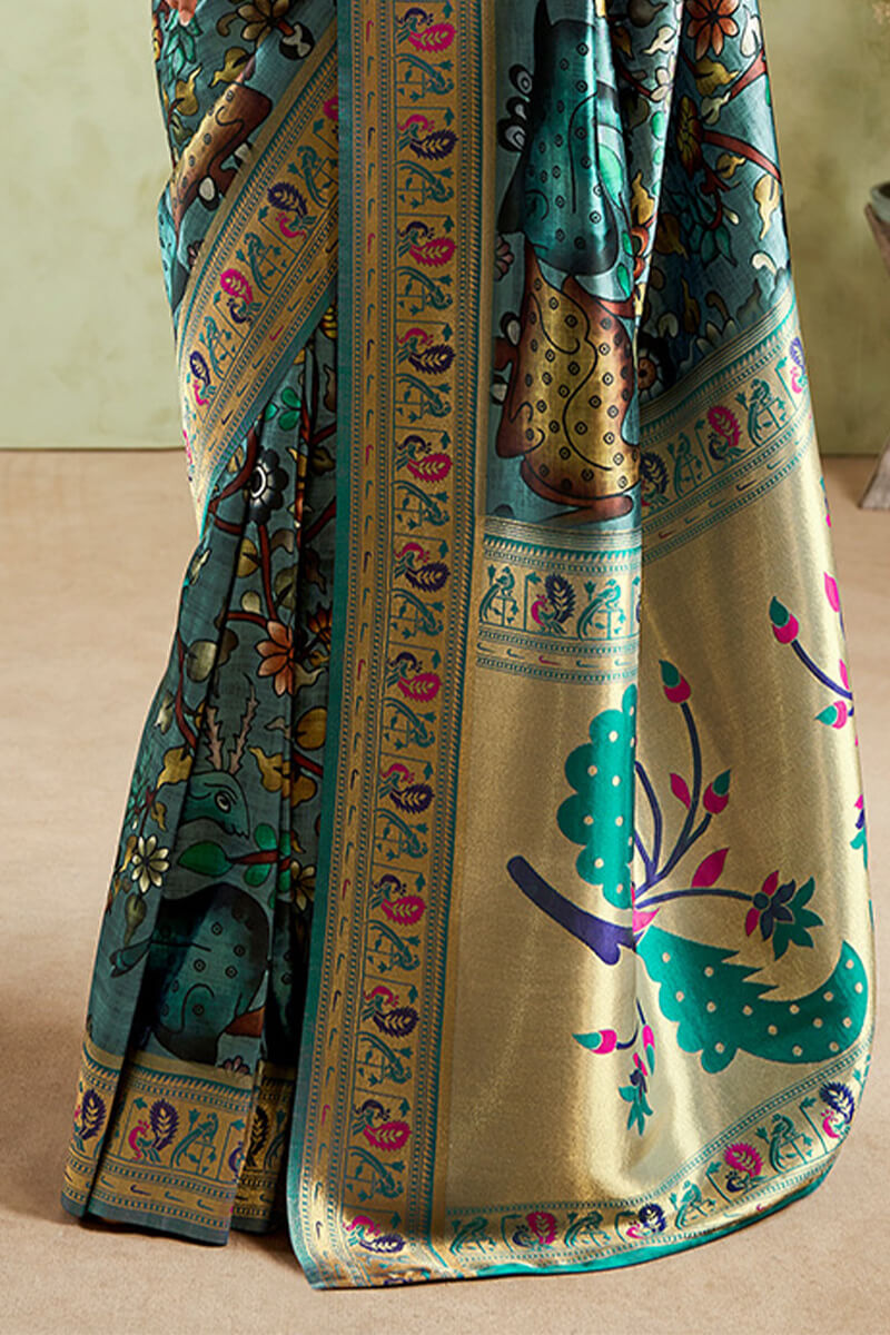 Moiety Rama Paithani Silk Saree With Petrichor Blouse Piece