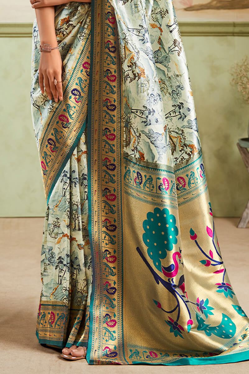 Imaginative Pista Paithani Silk Saree With Exuberant Blouse Piece