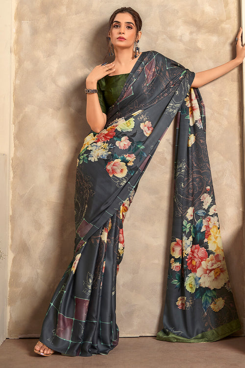 Load image into Gallery viewer, Scrumptious Black Digital Printed Soft Silk Saree With Exuberant Blouse Piece
