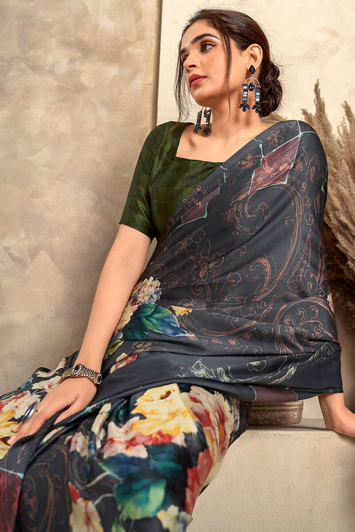 Load image into Gallery viewer, Scrumptious Black Digital Printed Soft Silk Saree With Exuberant Blouse Piece
