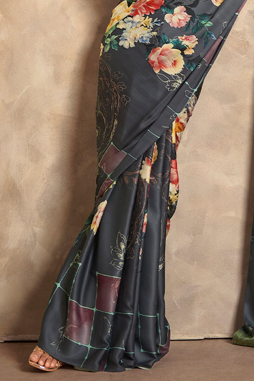 Load image into Gallery viewer, Scrumptious Black Digital Printed Soft Silk Saree With Exuberant Blouse Piece
