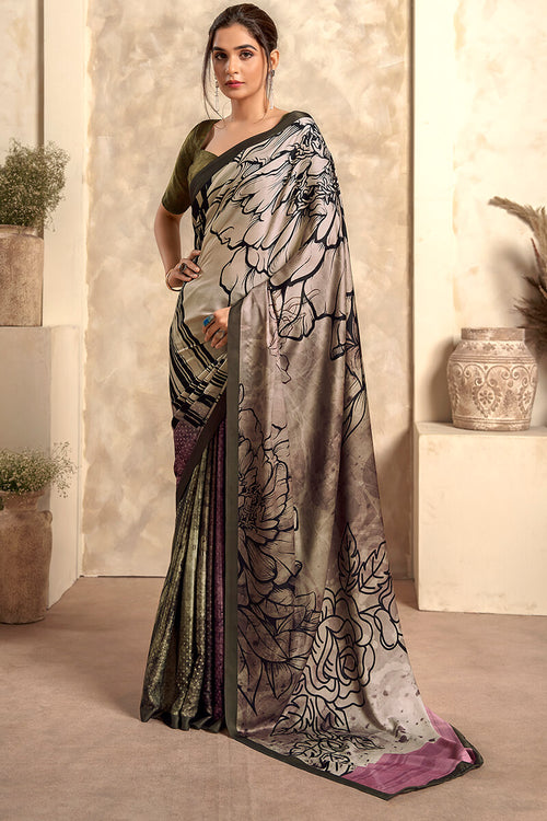 Load image into Gallery viewer, Fragrant Grey Digital Printed Soft Silk Saree With Woebegone Blouse Piece
