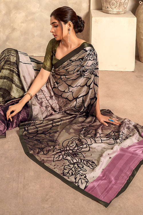 Load image into Gallery viewer, Fragrant Grey Digital Printed Soft Silk Saree With Woebegone Blouse Piece
