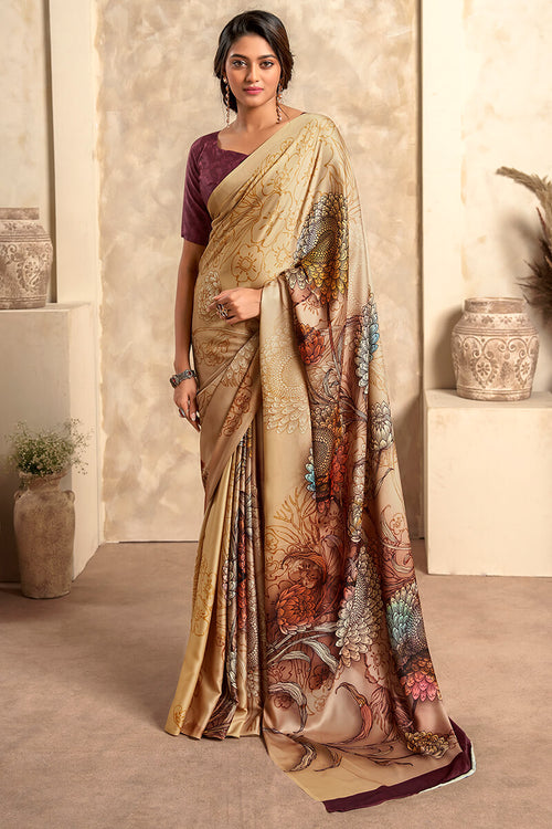 Load image into Gallery viewer, Lagniappe Brown Digital Printed Soft Silk Saree With Desultory Blouse Piece
