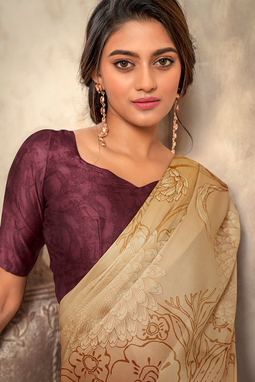 Load image into Gallery viewer, Lagniappe Brown Digital Printed Soft Silk Saree With Desultory Blouse Piece
