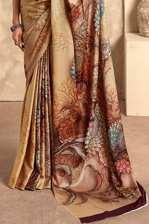 Load image into Gallery viewer, Lagniappe Brown Digital Printed Soft Silk Saree With Desultory Blouse Piece
