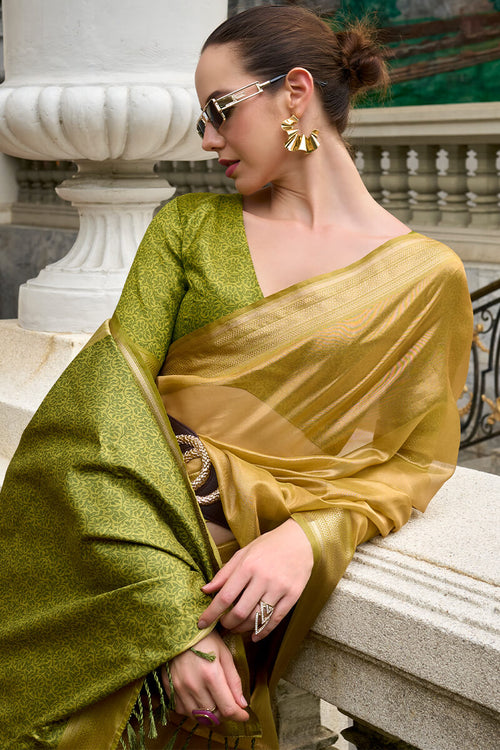 Load image into Gallery viewer, Rhapsody Mehndi Soft Tissue Silk Saree With Grandiose Blouse Piece
