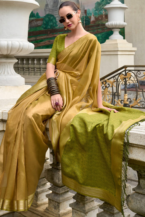 Load image into Gallery viewer, Rhapsody Mehndi Soft Tissue Silk Saree With Grandiose Blouse Piece
