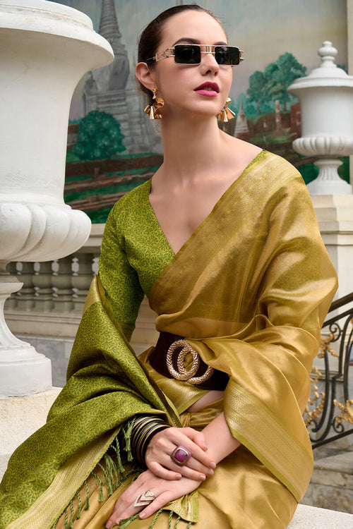 Load image into Gallery viewer, Rhapsody Mehndi Soft Tissue Silk Saree With Grandiose Blouse Piece
