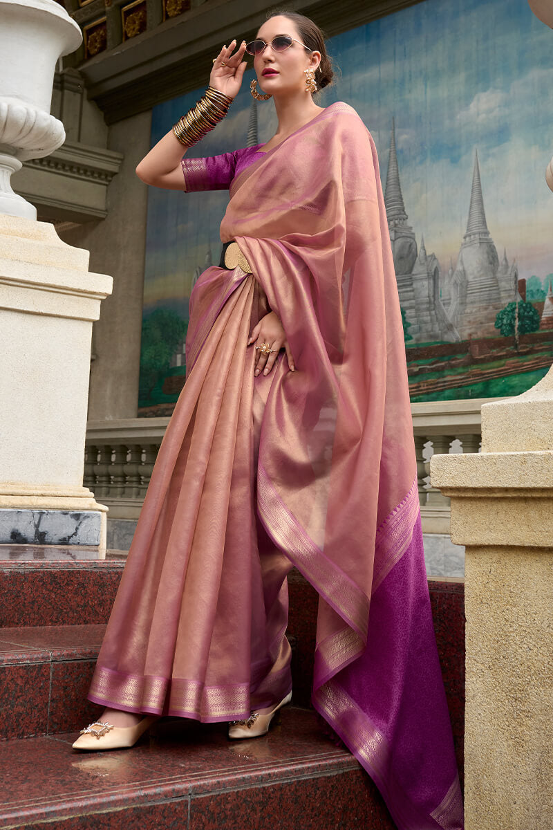 Scintillating Pink Soft Tissue Silk Saree With Vivacious Blouse Piece